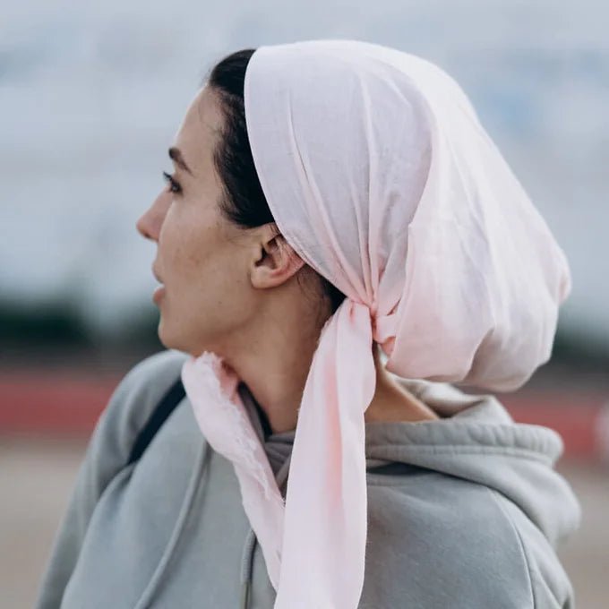 Pale pink cotton tichel with velvet ribbon and elastic band - judaica.city