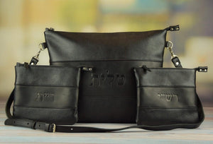 Black Rashi & RT Floater & Crazy Horse Blend Leather Tallit and Tefillin Bag Set - judaica.city Thumbnail