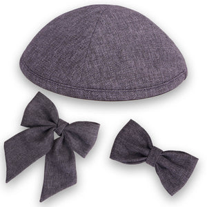 Dark - Gray Hessian Fabric Kippah, Bow Tie & Bow Set - judaica.city Thumbnail
