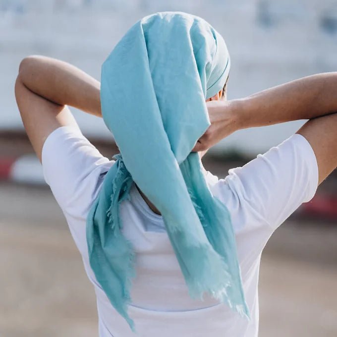 Turquoise Cotton tichel with velvet ribbon and elastic band - judaica.city