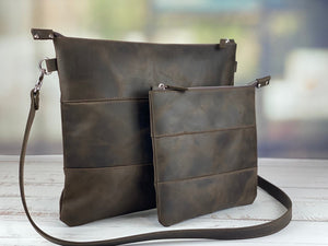 Dark Brown Wood Crazy Horse Leather Tallit & Tefillin Bag Set - judaica.city Thumbnail