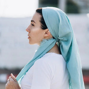 Turquoise Cotton tichel with velvet ribbon and elastic band - judaica.city Thumbnail