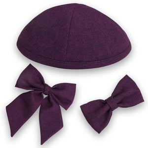 Lilac Hessian Fabric Kippah, Bow Tie & Bow Set - judaica.city Thumbnail