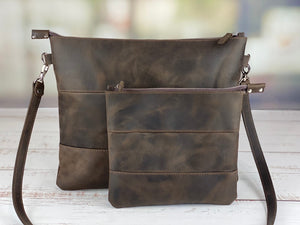 Dark Brown Wood Crazy Horse Leather Tallit & Tefillin Bag Set - judaica.city Thumbnail