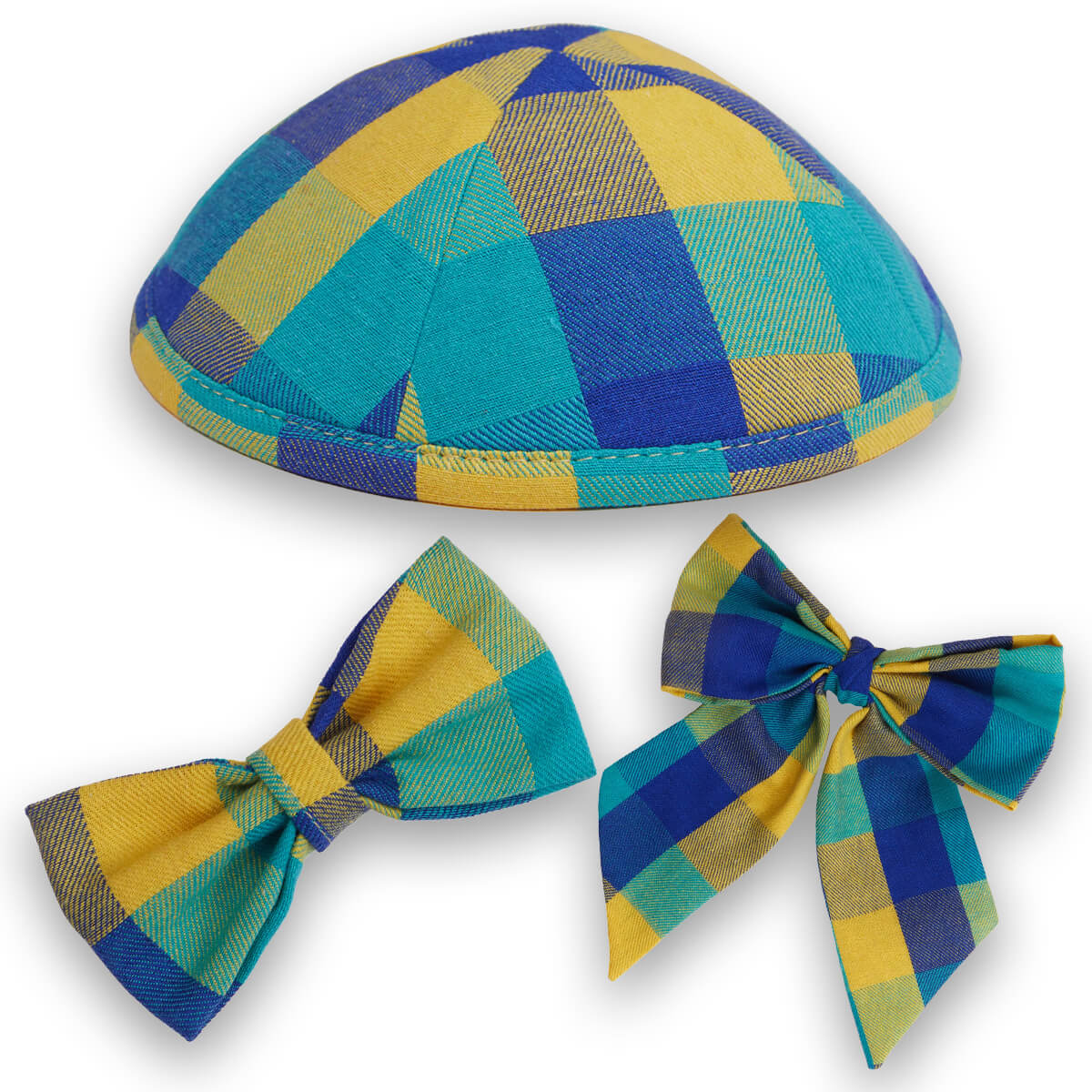 Yellow-Blue Checkered Kippah, Bow Tie & Bow Set