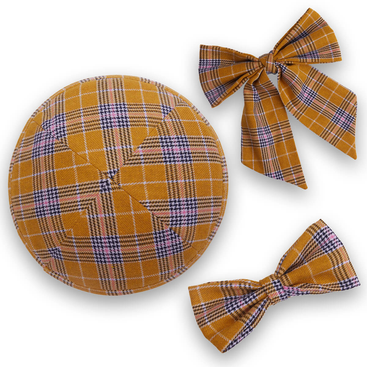 Yellow Checkered Kippah, Bow Tie & Bow Set