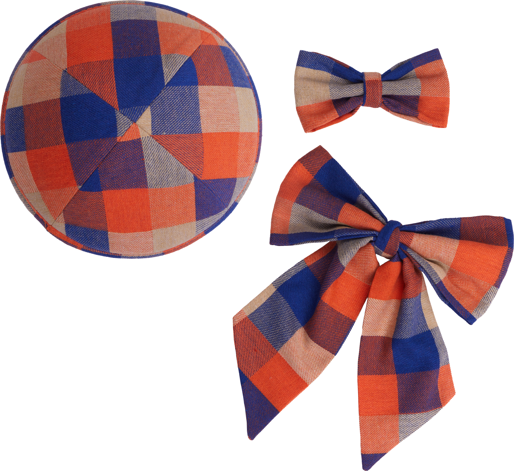 Orange-blue checkered Kippah, Bow & Bow Tie Set