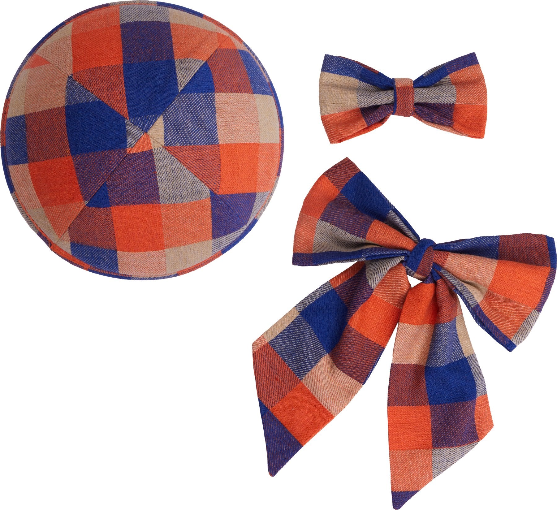 Orange - blue checkered Kippah, Bow & Bow Tie Set - judaica.city