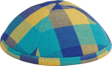 Kippah yellow - blue checkered - judaica.city