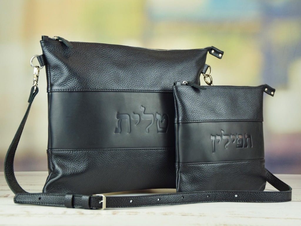 Black Floater & Crazy Horse Blend Leather Tallit and Tefillin Bag Set - judaica.city