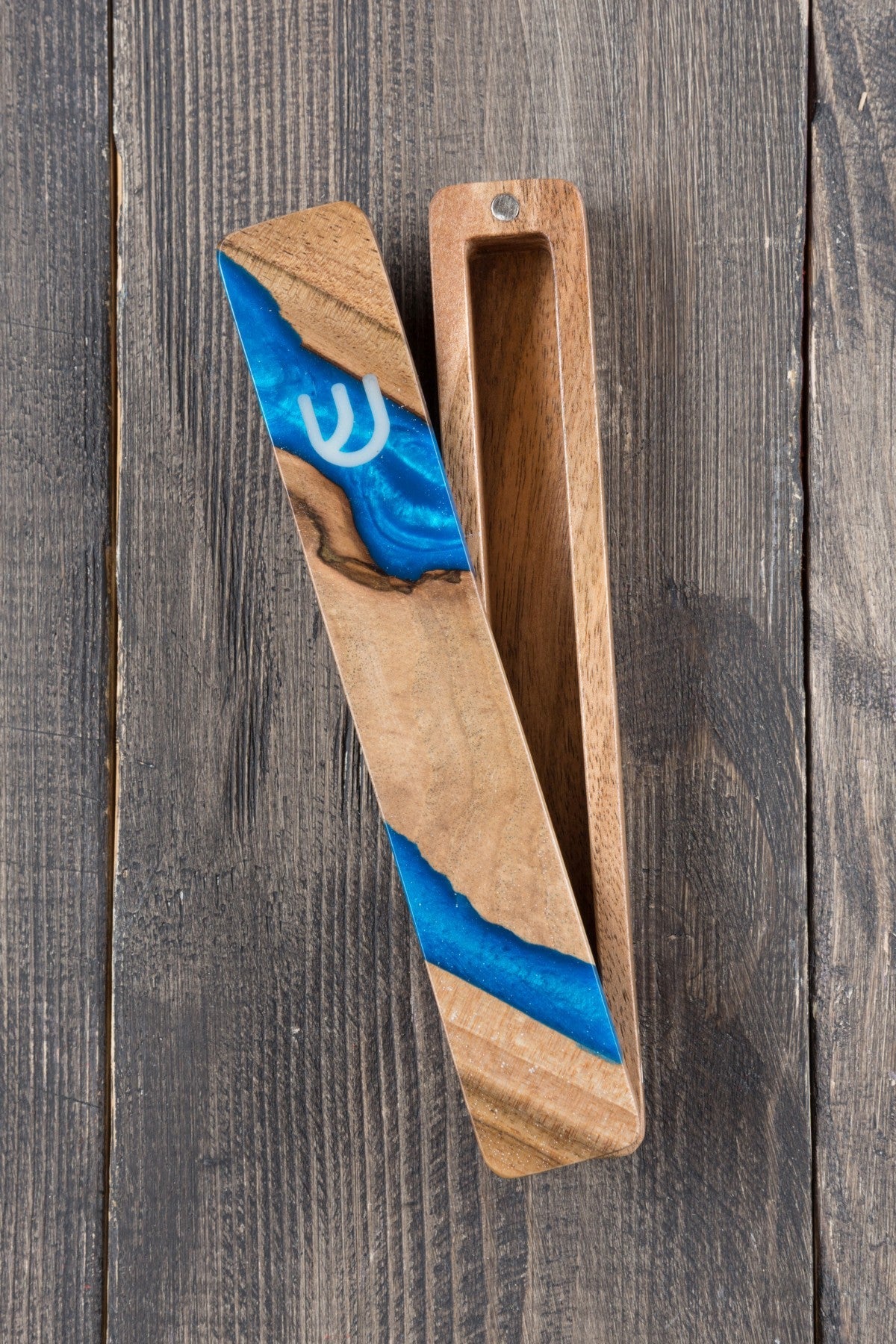 Handcrafted Blue Walnut Mezuzah Case, 6.7in - judaica.city